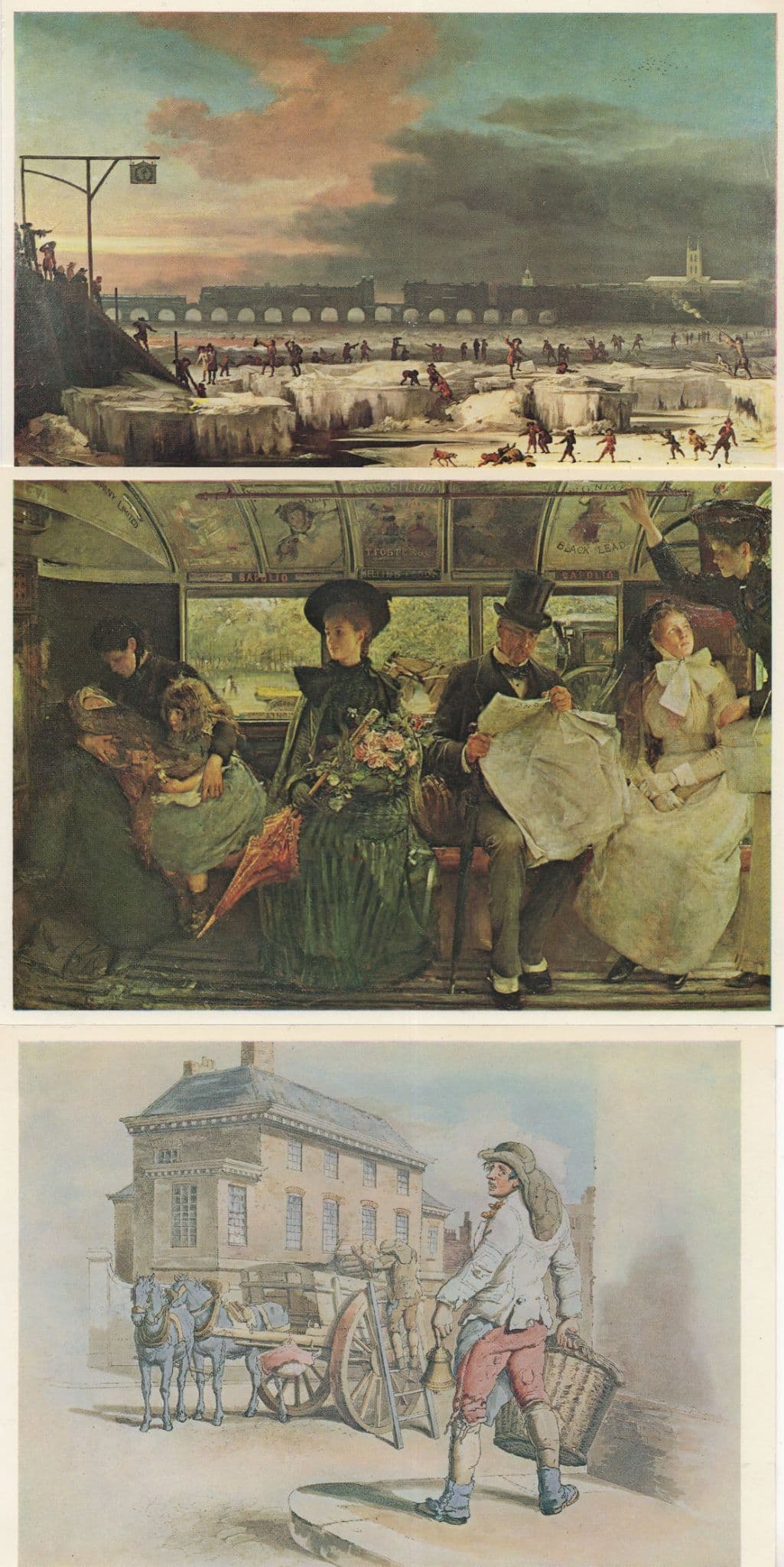 London Dustman Bayswater Omnibus Frozen Thames Painting 3x Postcard s