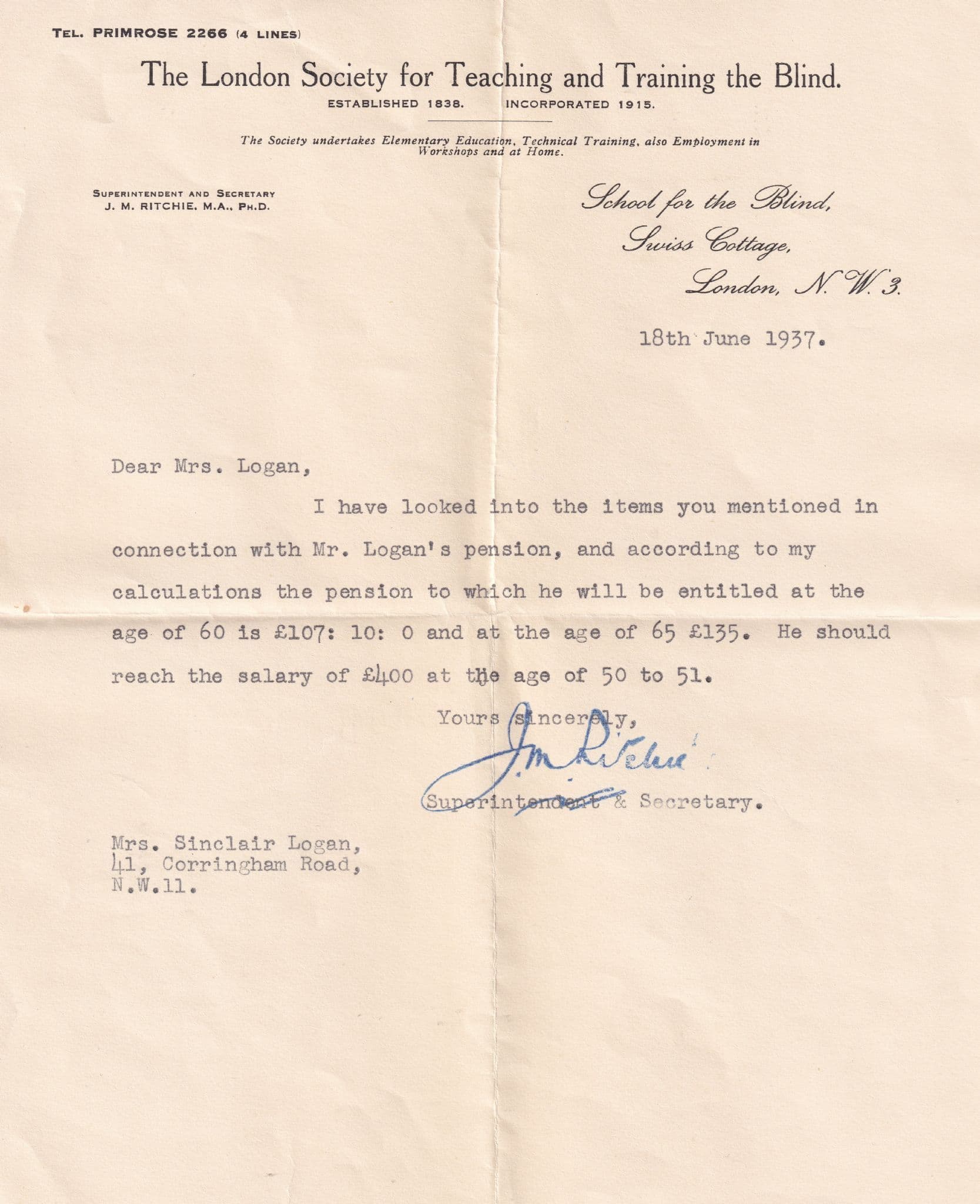 London Society For Teaching Training The Blind 1937 Pension Fund Letter
