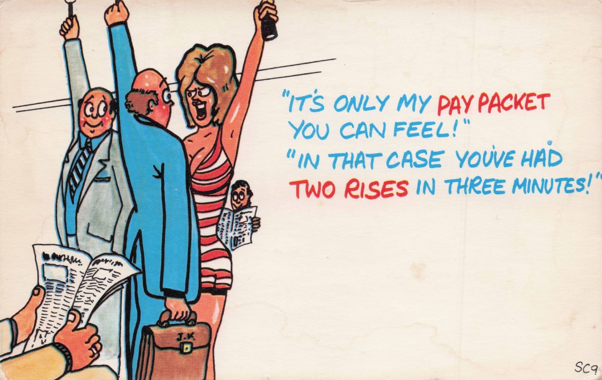 London Underground 1970s Tube Train Rush Hour Comic Postcard