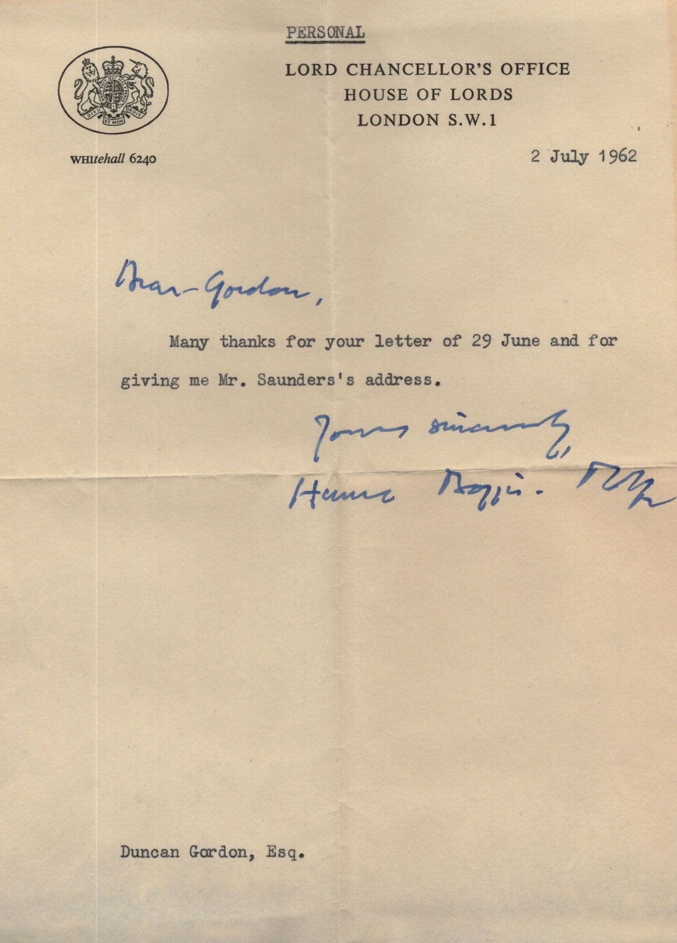 Lord Chancellors Office Parliament 1962 Hand Signed Political Letter