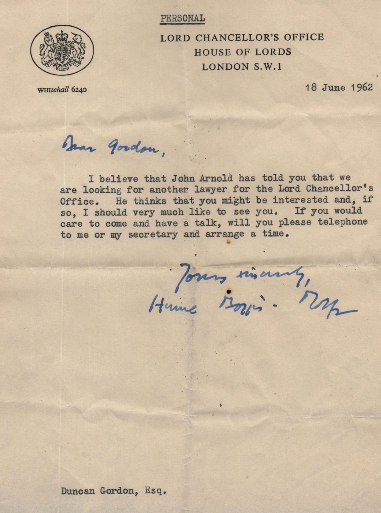 Lord Chancellors Office Parliament 1962 Hand Signed Politics Letter