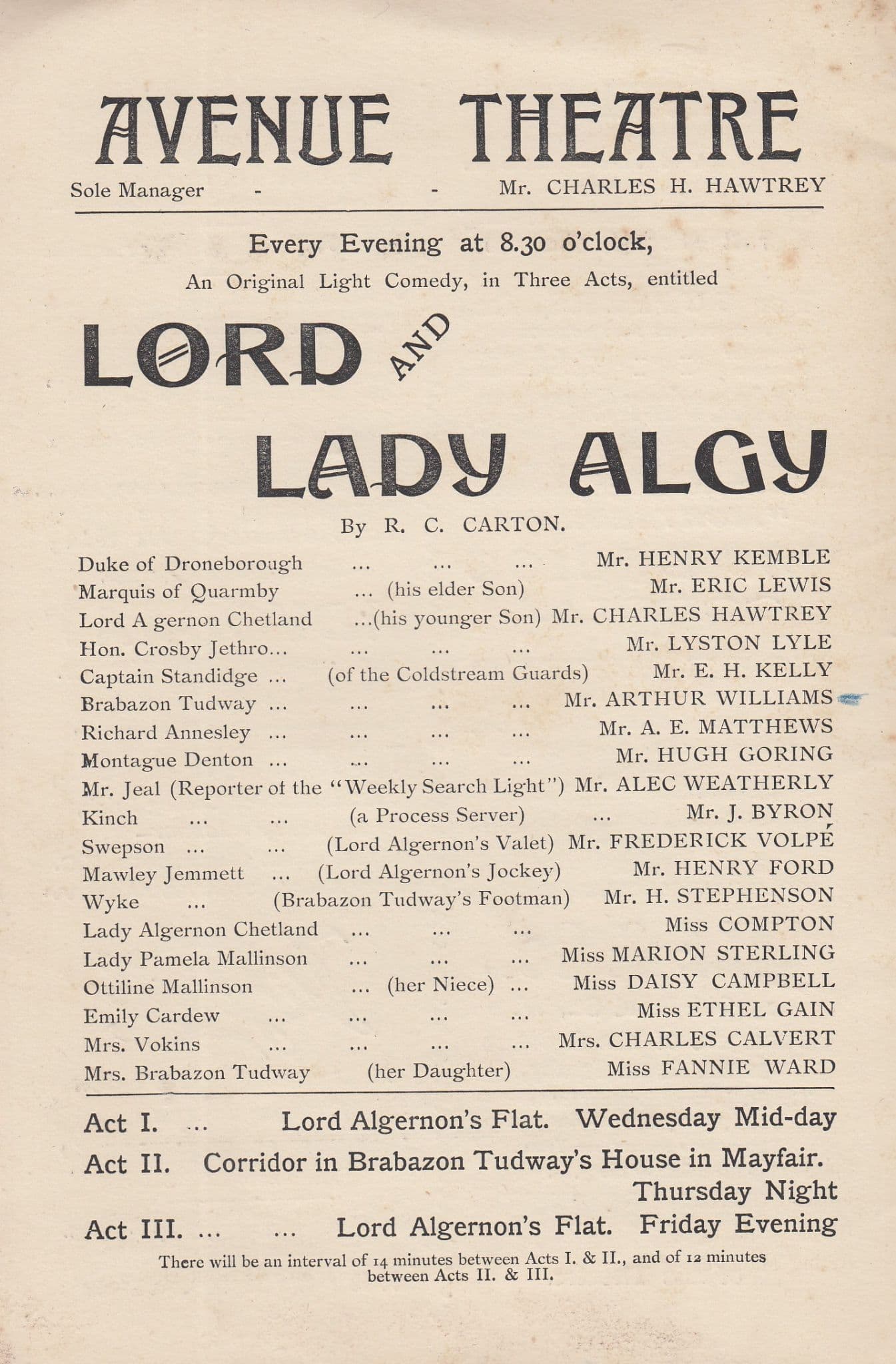 Lord & Lady Algy Mayfair London Victorian Comedy Avenue Theatre Programme