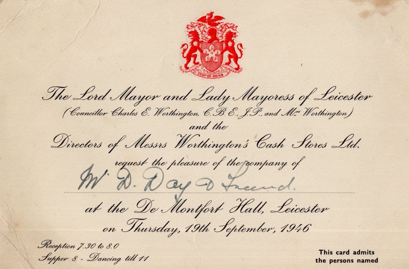 Lord Mayor Of Leicester & Department Store 1946 Dinner Ball Invitation