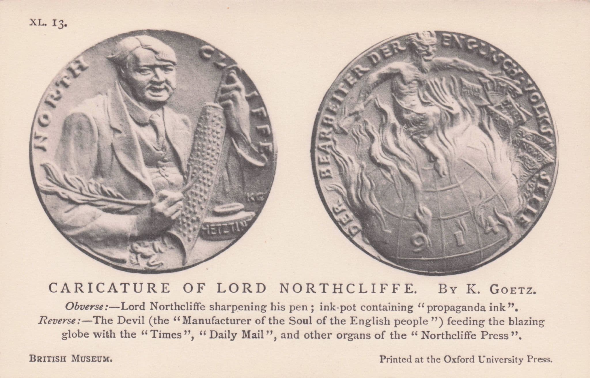 Lord Northcliffe Art Caricature WW1 German War Medal Military Old Postcard