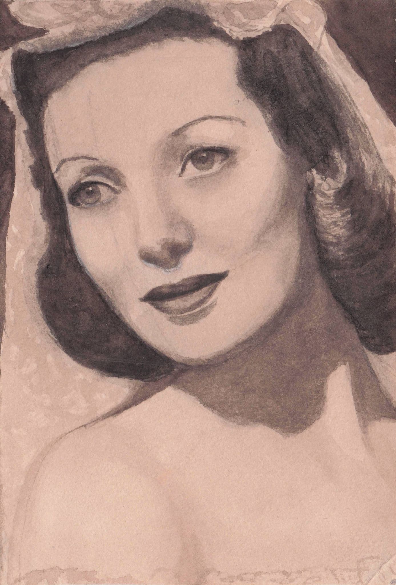 Loretta Young Hollywood Film Actress Vintage Rare Old Hand Art Drawing