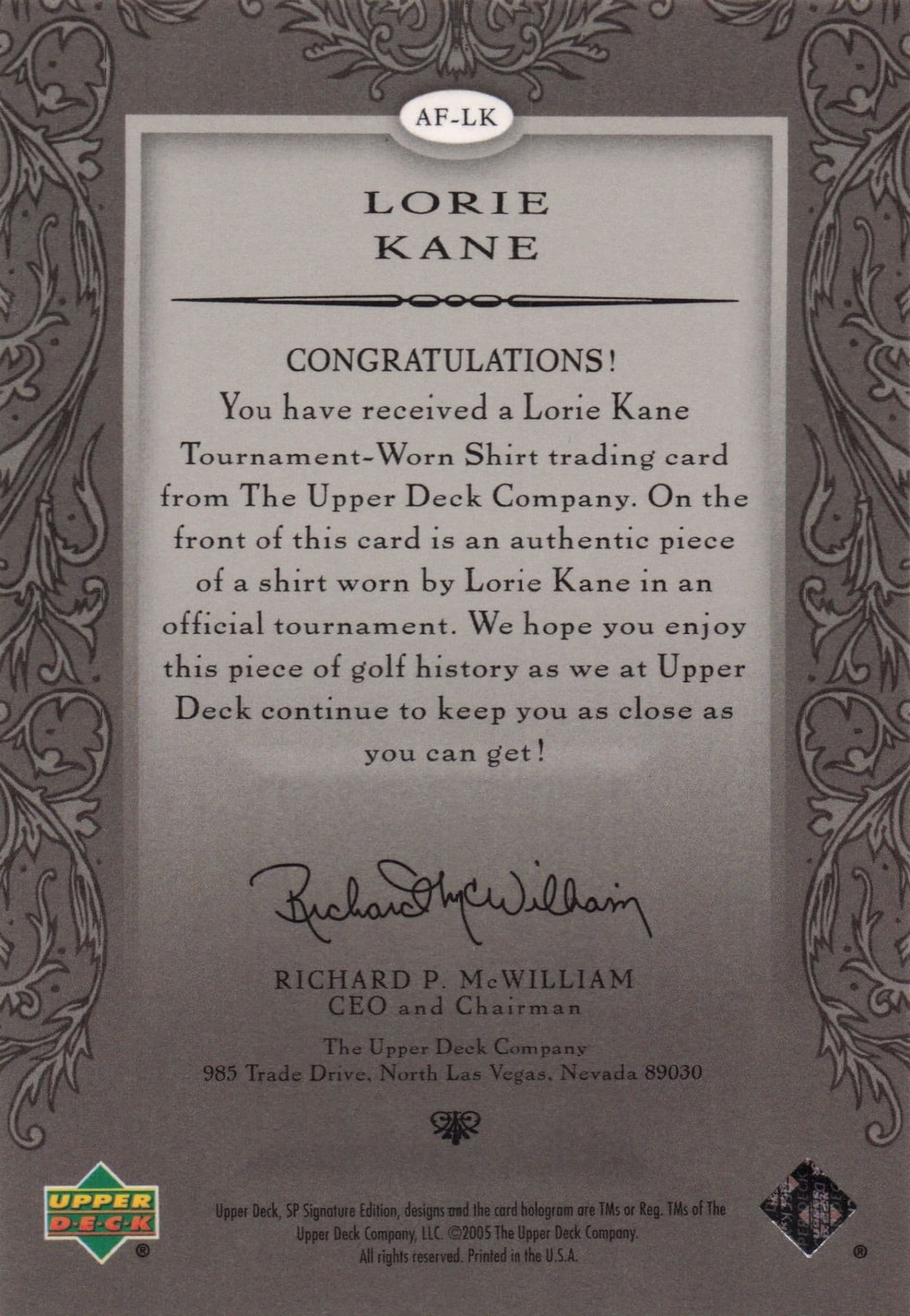 Lorie Kane Authentic Fabrics 2005 SP Golf Upper Deck Worn Shirt Card