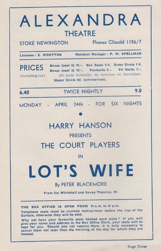 Lots Wife Drama Antique WW2 War Wartime Stoke Newington Theatre Programme