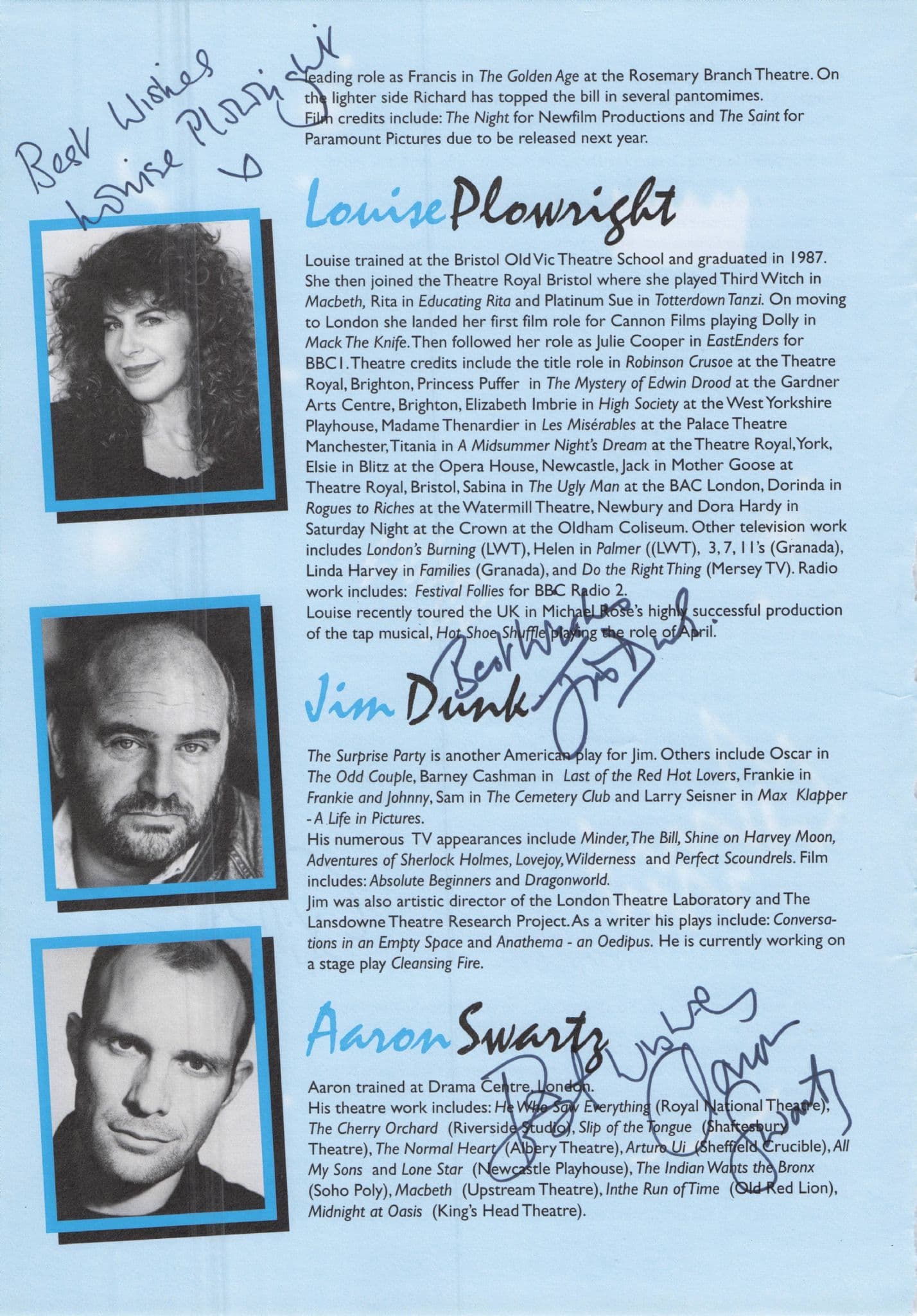 Louise Plowright Richard Norton Jim Dunk Aaron Swartz Hand Signed Theatre Page