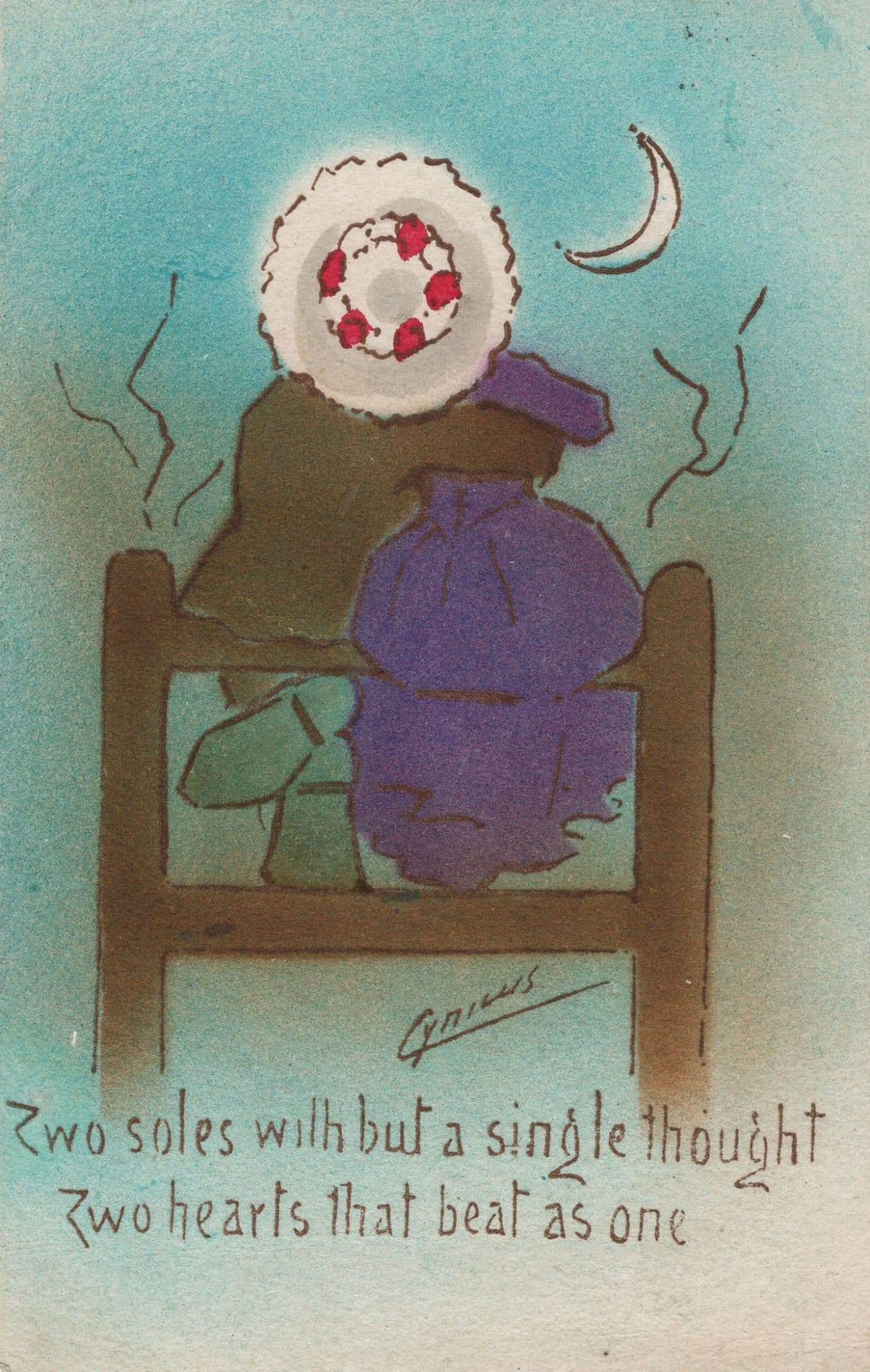 Love Romance On Farm Gate Moon Antique Cynicus Comic Postcard