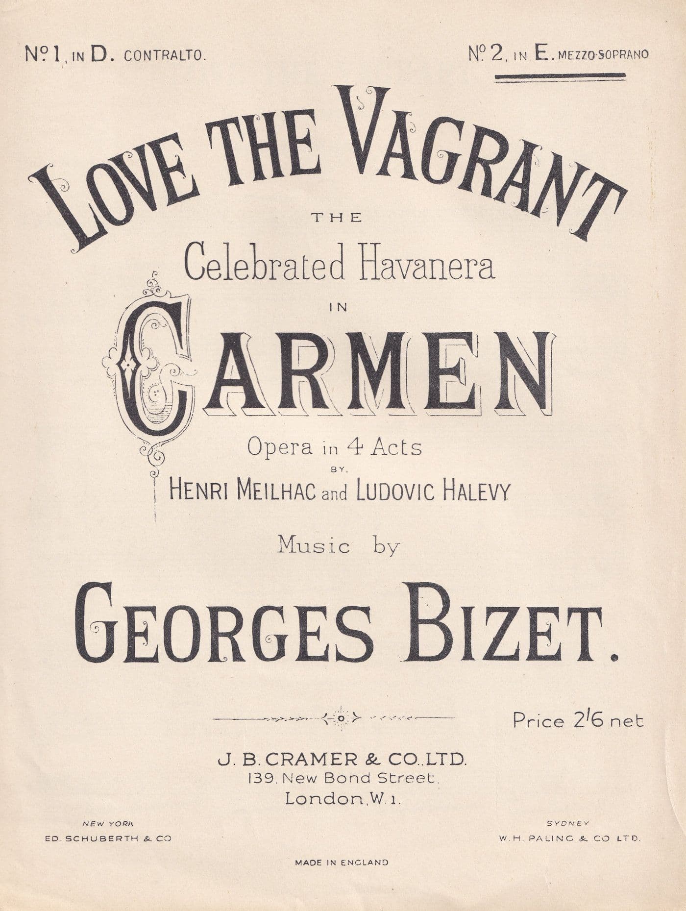Love The Vagrant Georges Bizet Opera Olde Sheet Music