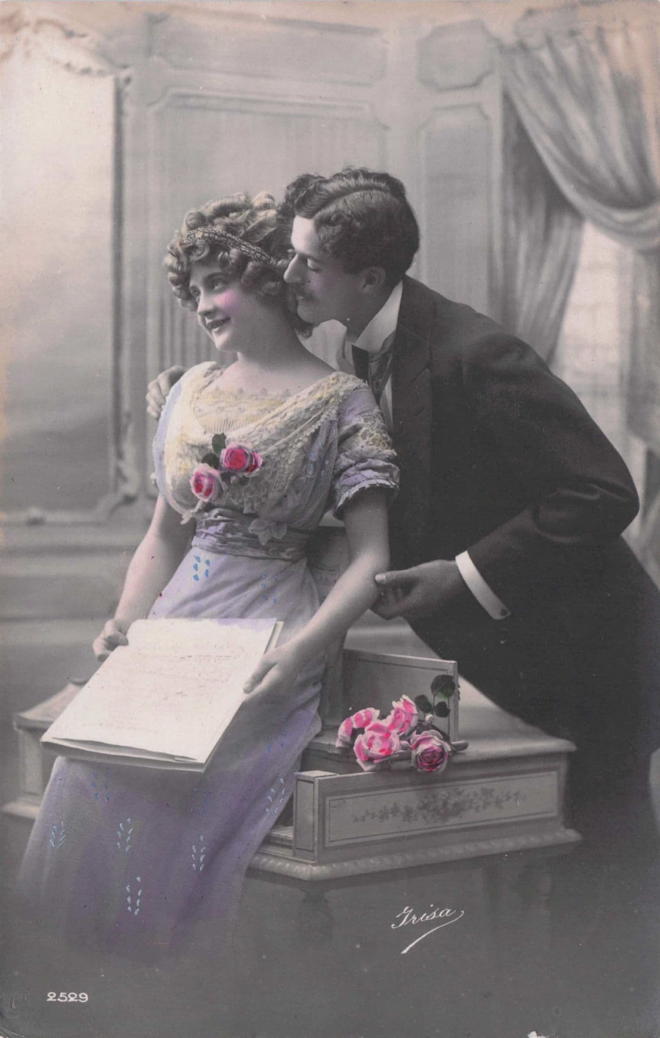 Lovers At Piano Reading Paper Secret Code Old French Romantic Glamour Postcard