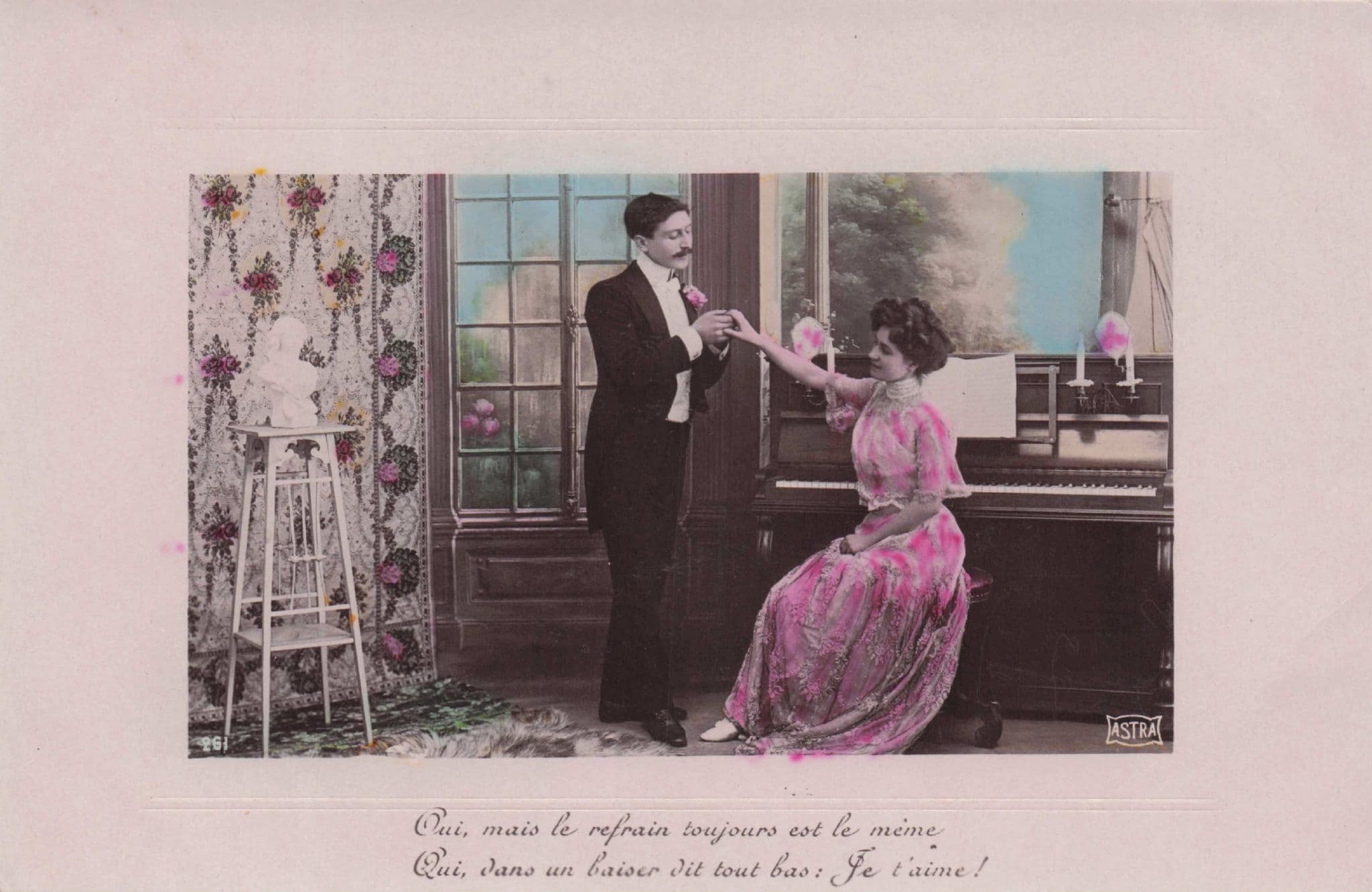 Lovers At Piano Sheet Music Secret Code Old Bust Statue Romance Postcard