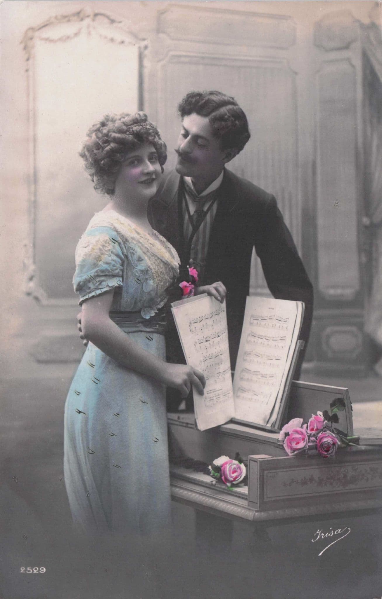 Lovers At Piano Sheet Music Secret Code Old Romantic Glamour Postcard