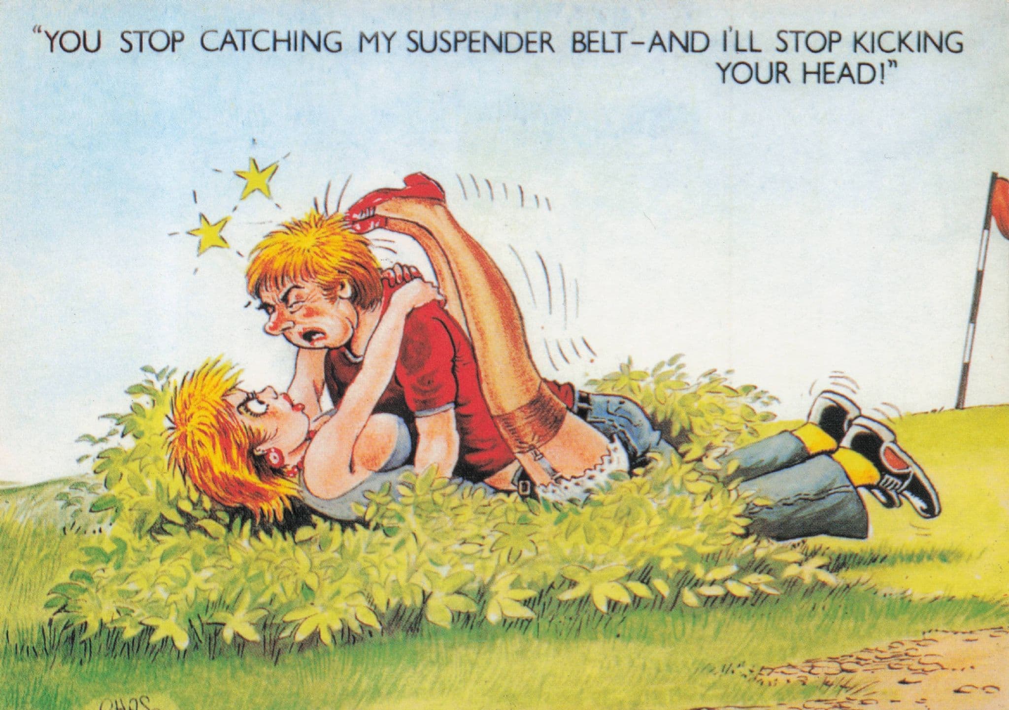 Lovers In Golf Club Bushes Suspender Belt Bamforth Comic Postcard