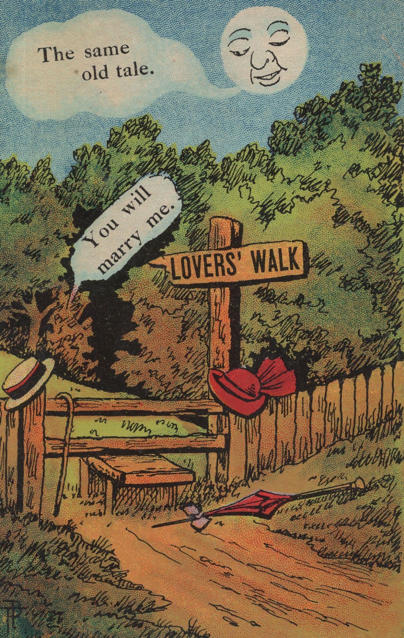 Lovers Walk Sign Post Moon Face Hanky Panky Comic Antique Postcard
