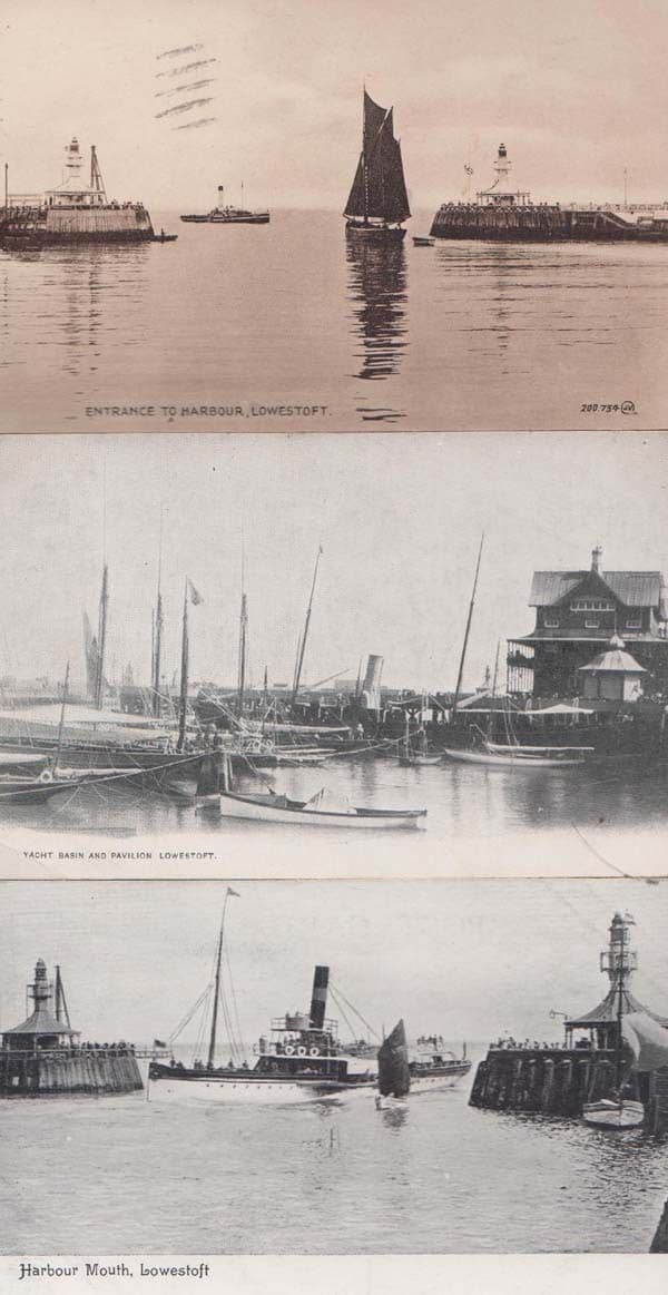 Lowestoft Harbour Entrance + Yacht Basin Boats 3x Antique Postcard s