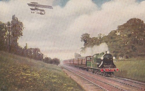 LSW Railway Paddlebox No.443 4-6-0 Train & Glider Plane Rail Postcard