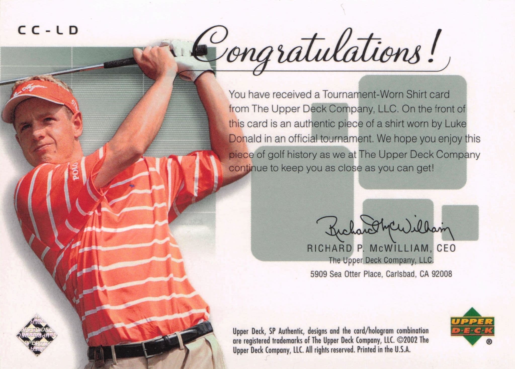Luke Donald Course Classics 2002 Authentic Worn PGA Tour Golf Shirt Card