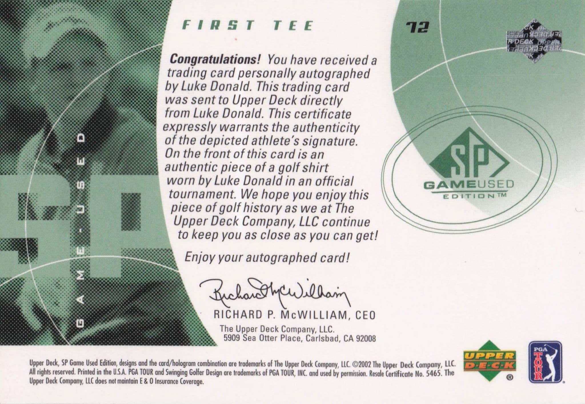 Luke Donald First Tee 2002 Golf Upper Deck Hand Signed Worn Shirt Card