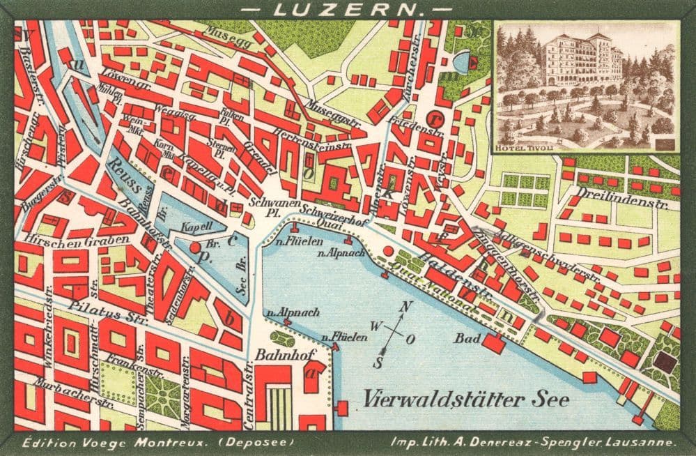 Luzern Hotel Tivoli Switzerland Vierwaldstratter See Antique Map Postcard