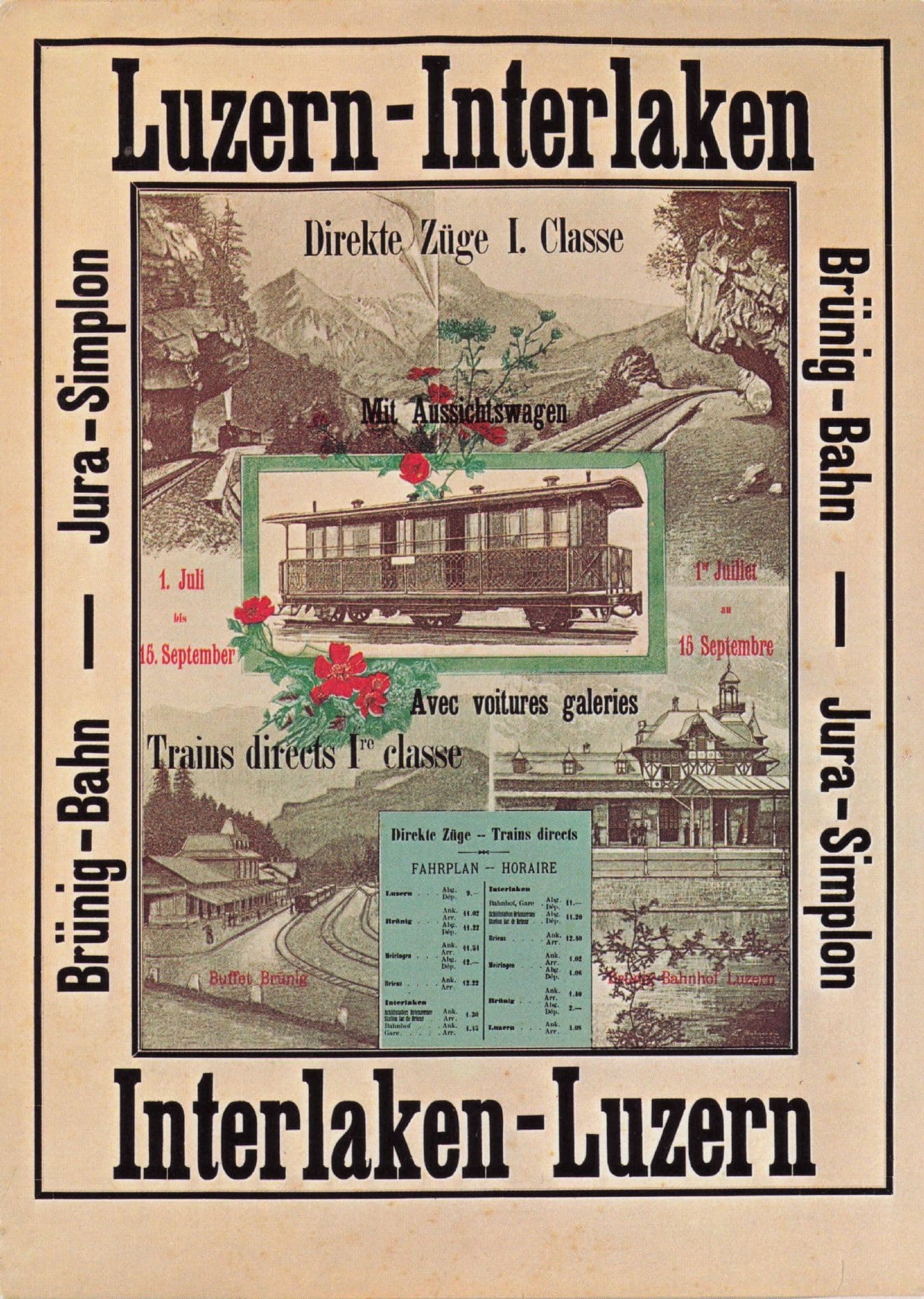 Luzern Timetable Switzerland Interlaken Swiss Travel Advertising Poster Postcard