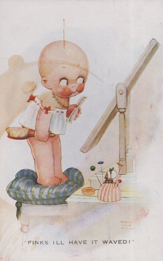 Mabel Lucie Attwell Finks I'll Have It Waved Dolly Pin Cushion Comic Postcard