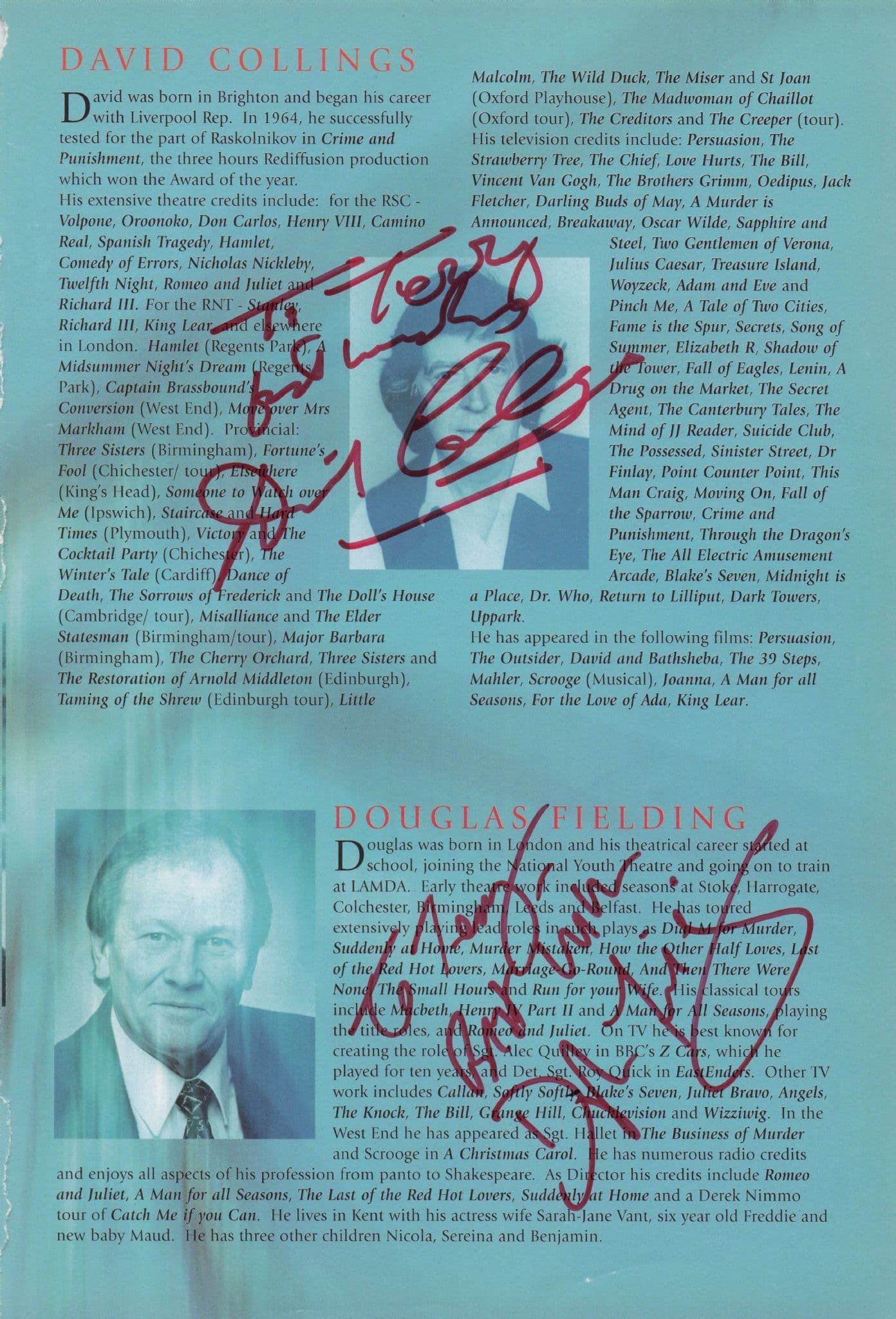 Madhav Sharma Dr Who David Weston Collings Douglas Fielding Hand Signed Theatre Page