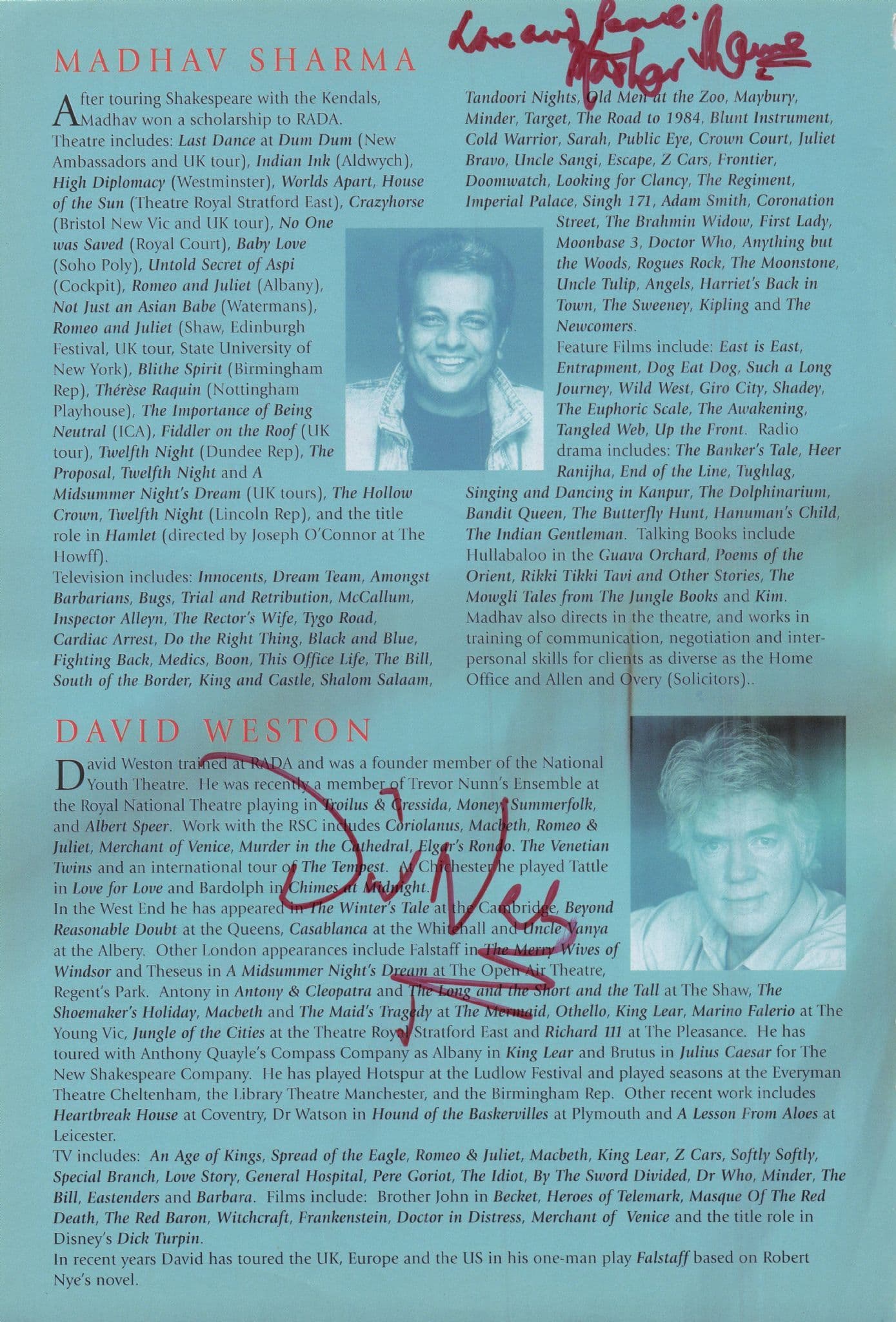 Madhav Sharma Dr Who David Weston Collings Douglas Fielding Hand Signed Theatre Page