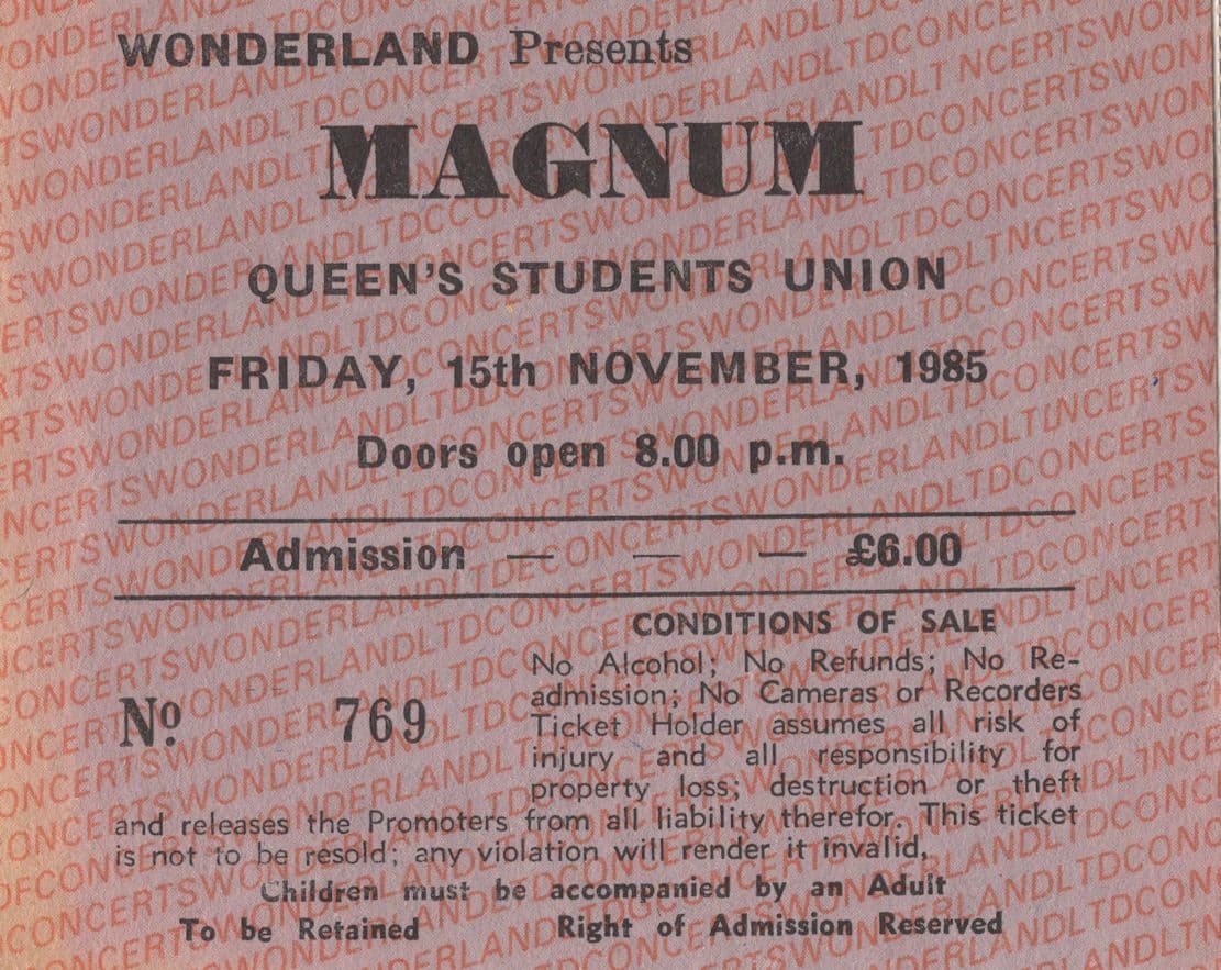 Magnum 1985 Queens Students Union Belfast Irish Concert Ticket