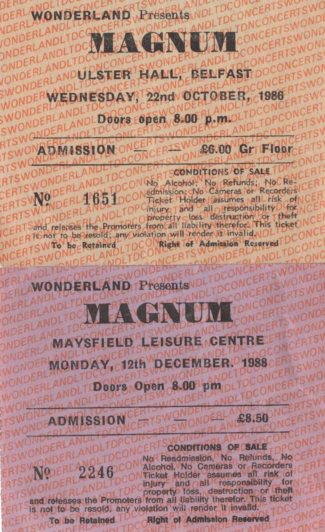 Magnum 1986 1988 2x Vintage Rare Irish Live Belfast Concert Ticket s
