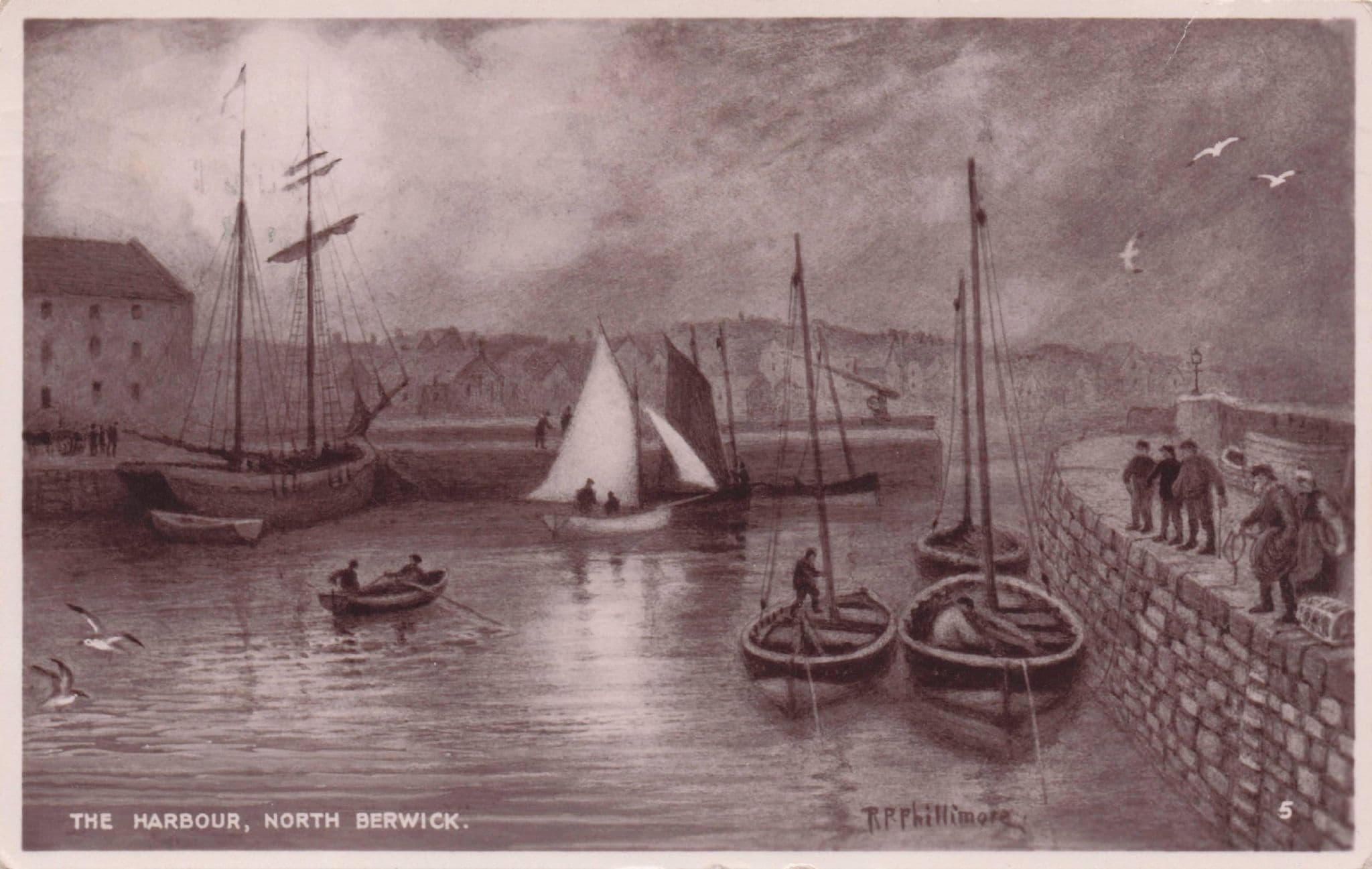 Man Anchoring Boat at North Berwick Harbour Scotland Old Postcard