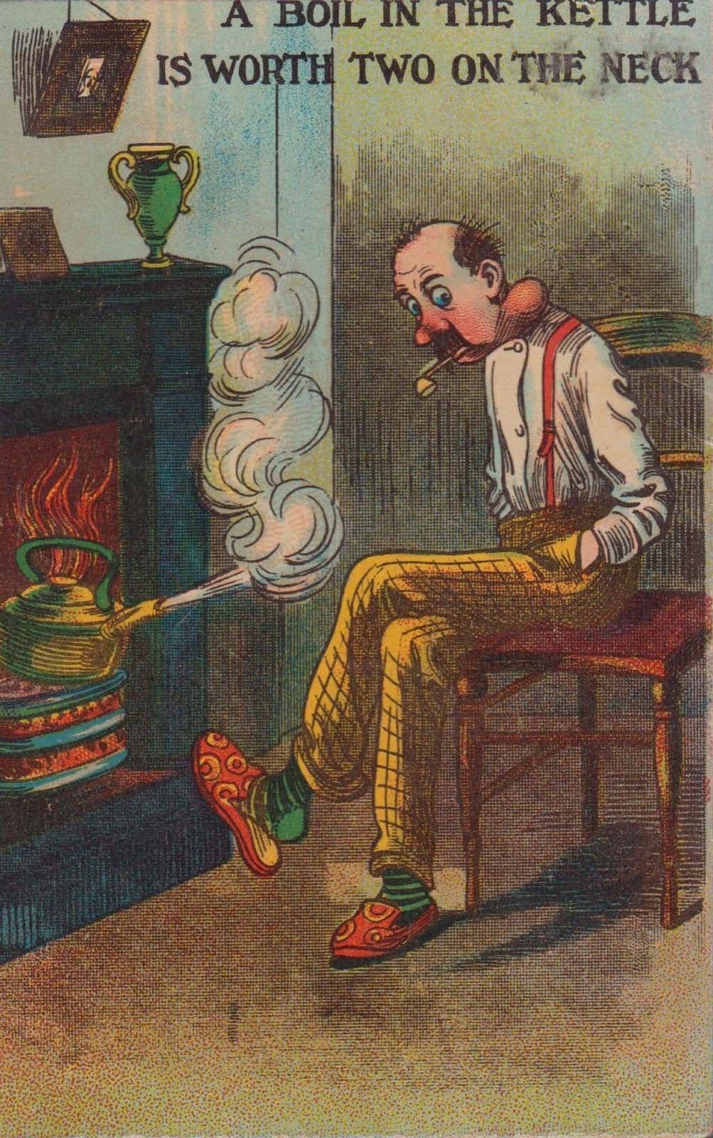 Man Boiling Kettle Smoking with Proverb Comic Postcard