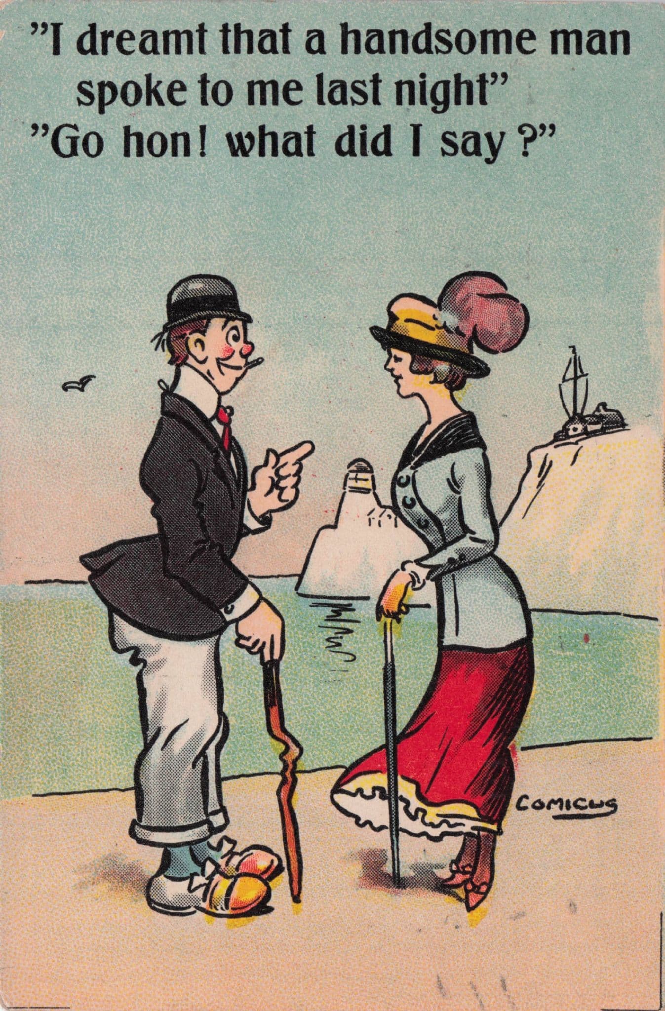 Man Chatting Up Beach Lady Disaster Pick Up Lines WW1 Comic Postcard