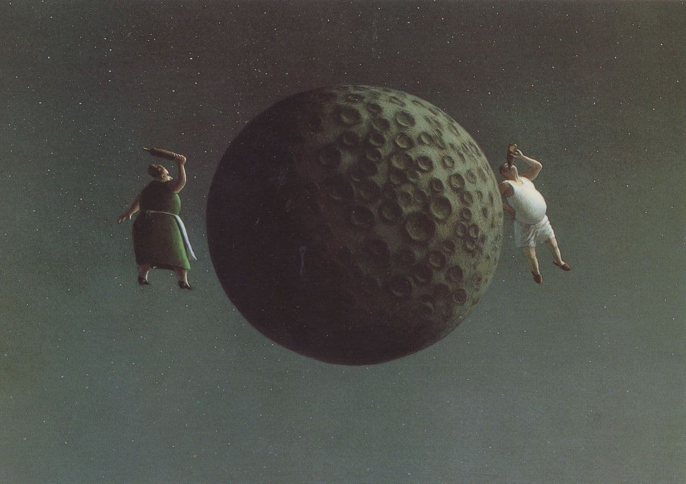 Man Drinking Beer Drunk By Giant Golf Ball Planet German Painting Postcard