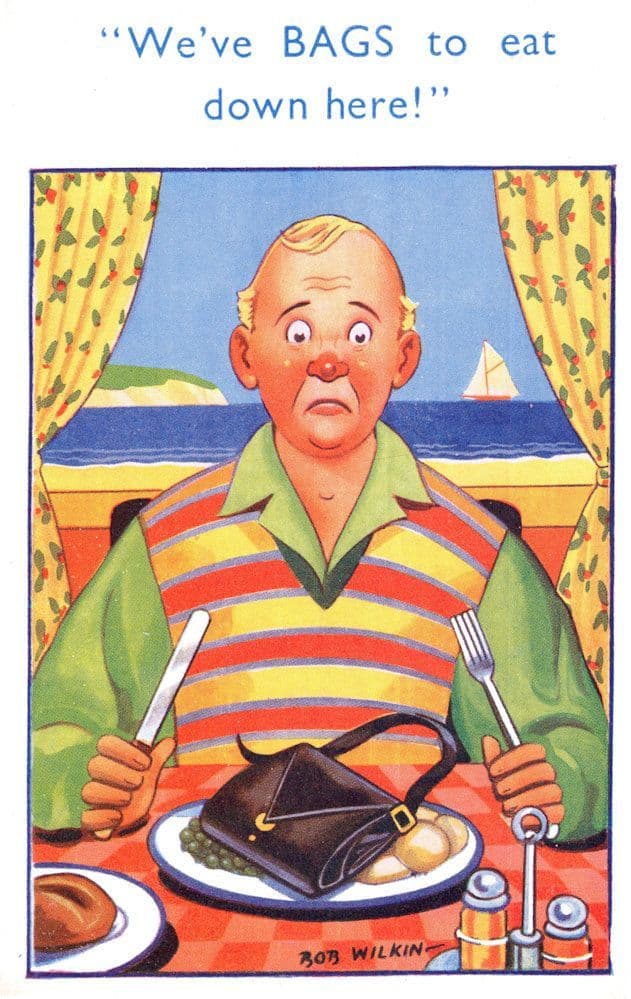 Man Eating Handbag for British Breakfast Cafe Comic 1950s Postcard