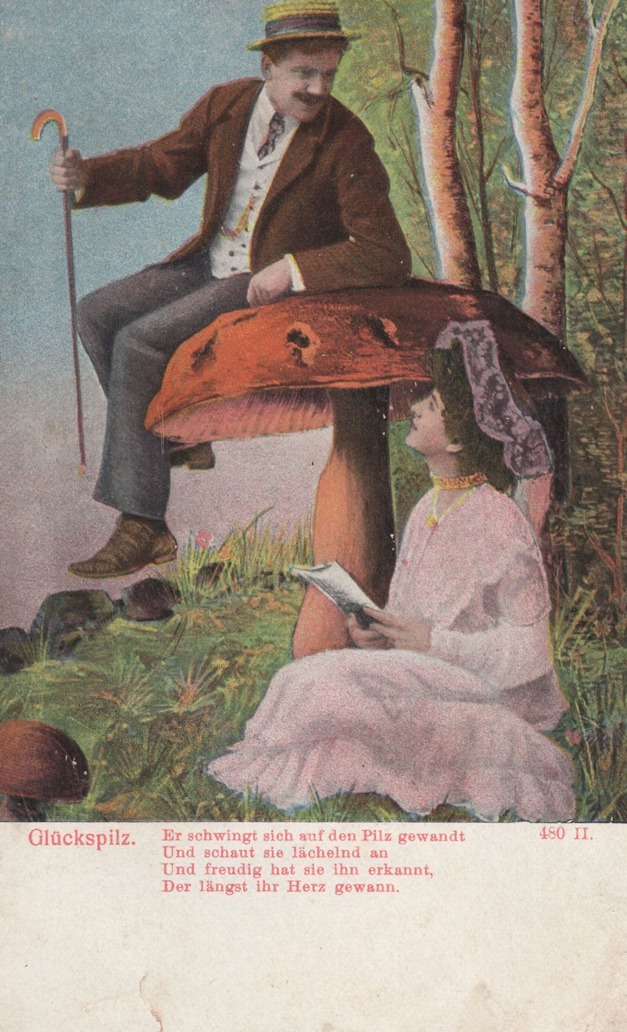 Man Flirting On Giant Mushroom Toadstall German Old Postcard