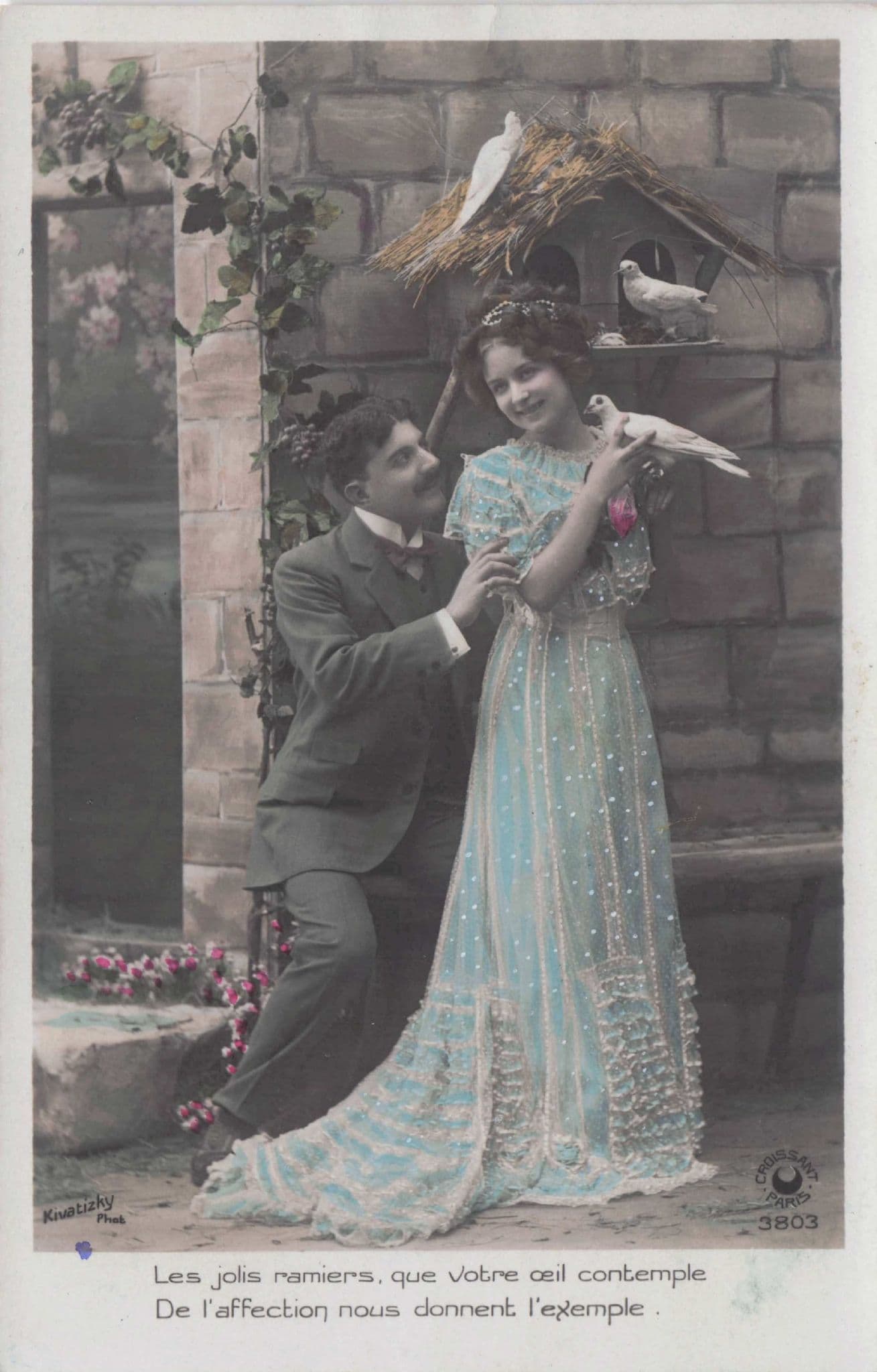 Man & Glamour Lady Caressing Bird at House Nest Romance Secret Code Old Postcard