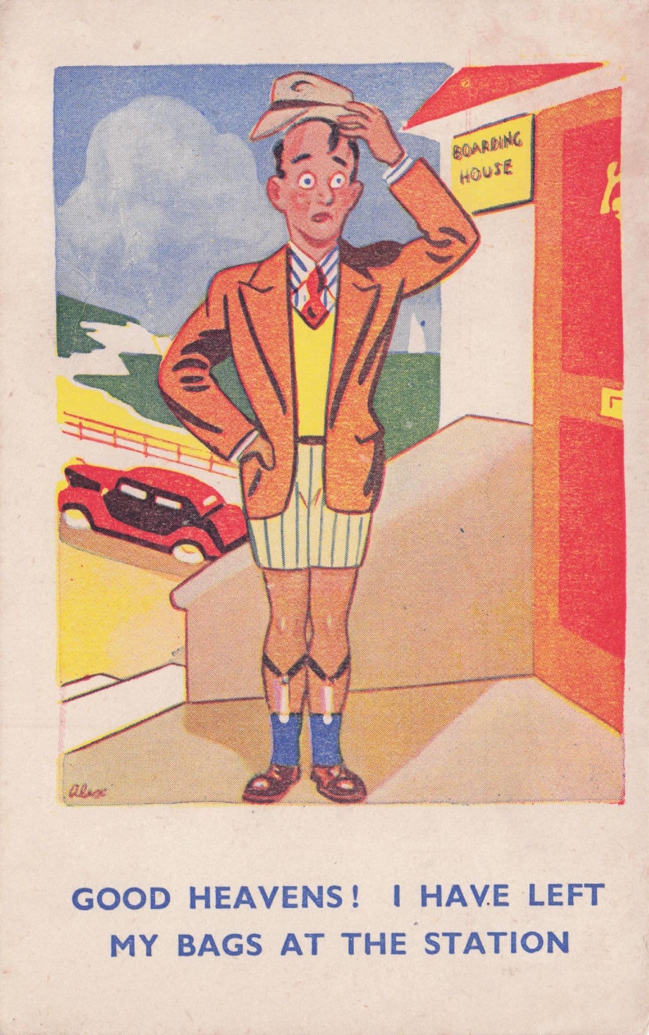 Man Hotel Suitcase At Railway Station Antique RA Comic Postcard