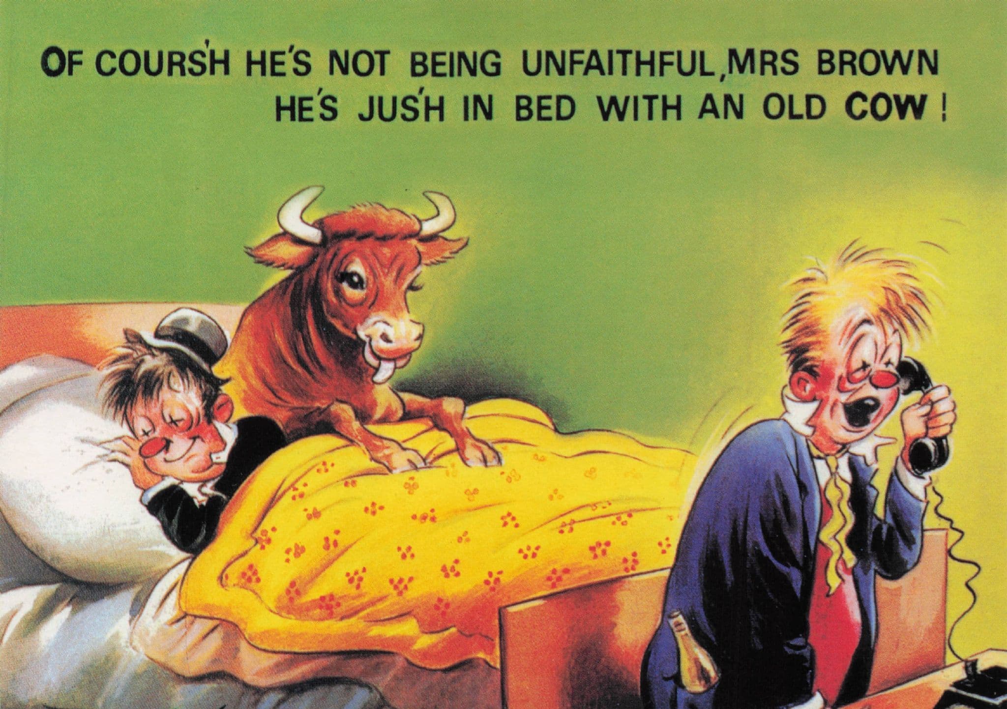 Man In Bed With Farmer's Old Cow Cattle Comic Bamforth Postcard