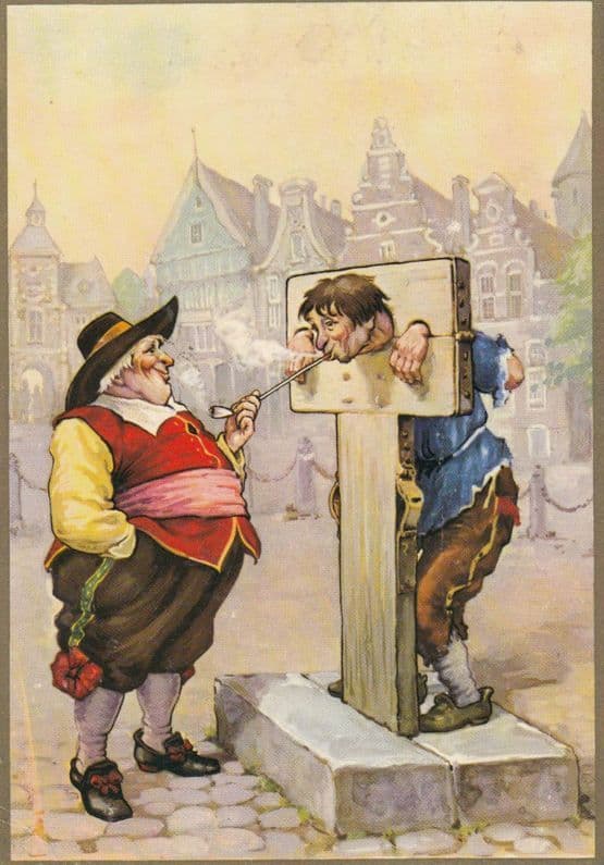 Man in Guillotine Style Head Trap Smoking Antique Comic Humour Postcard