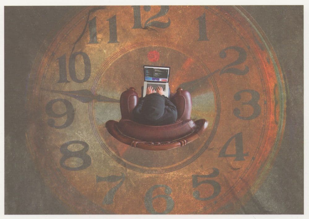 Man Inside Giant Clock On Computer Carpet Art Rare German Postcard