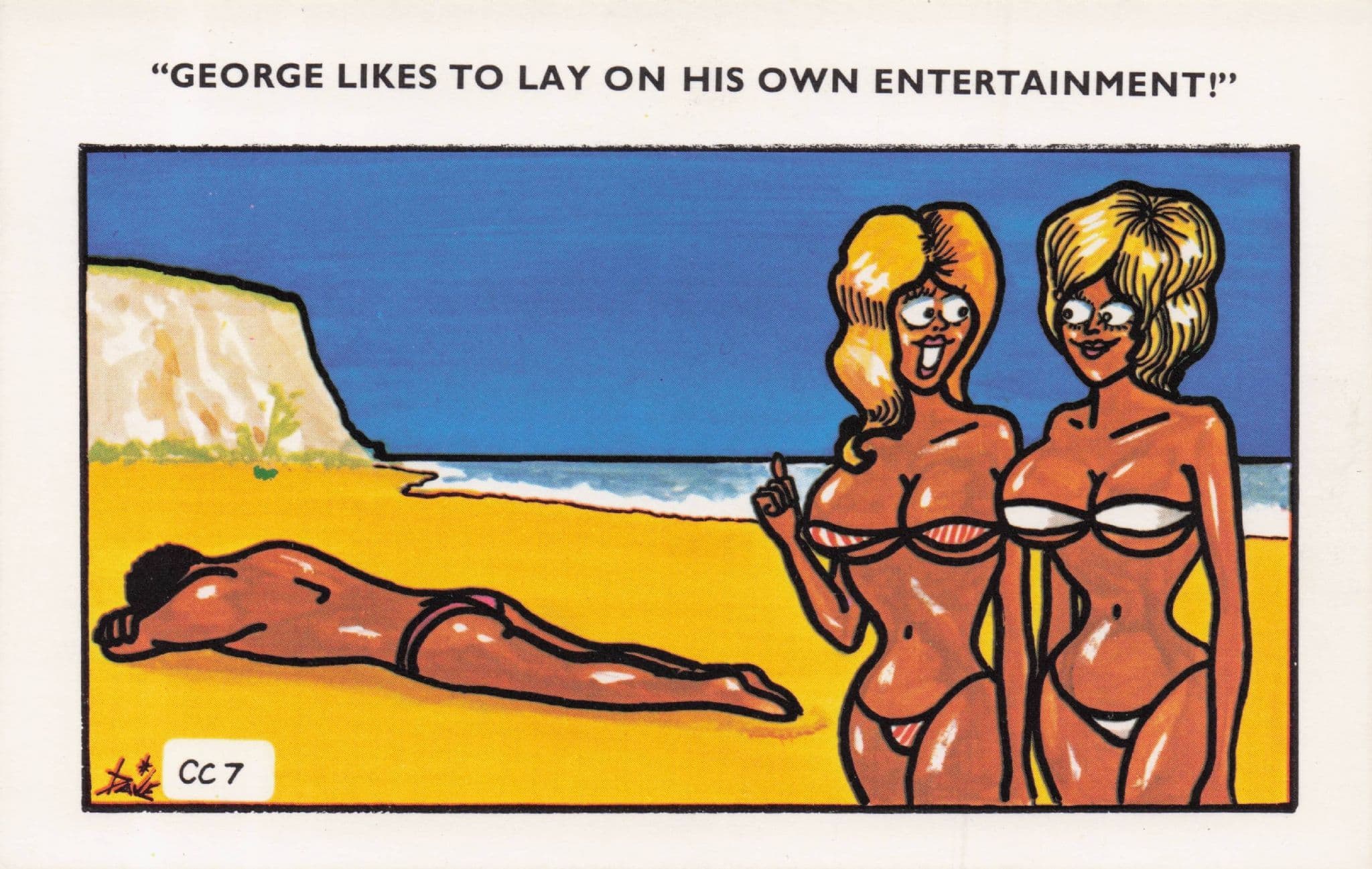 Man Lays On Beach Doing Strange Sand Things 1970s Comic Postcard