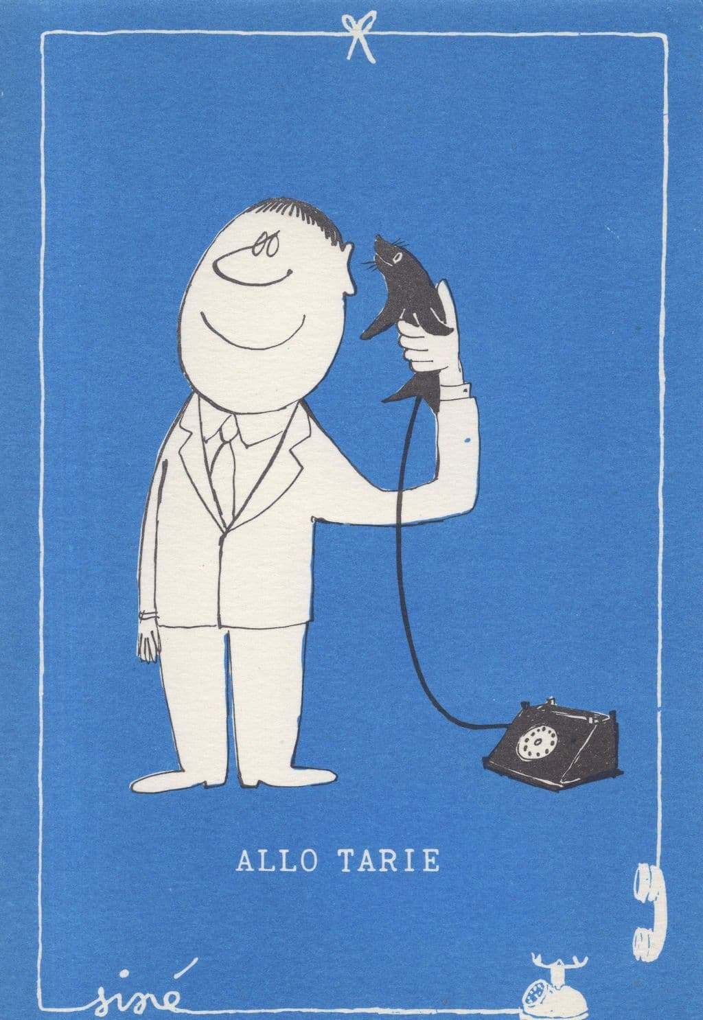 Man Making Telephone Call With Black Kitten Cat Comic French Postcard
