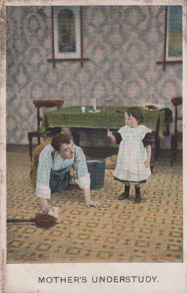 Man Mop & Bucket Scrubbing Floor Crawling Child Watching Antique Comic Postcard