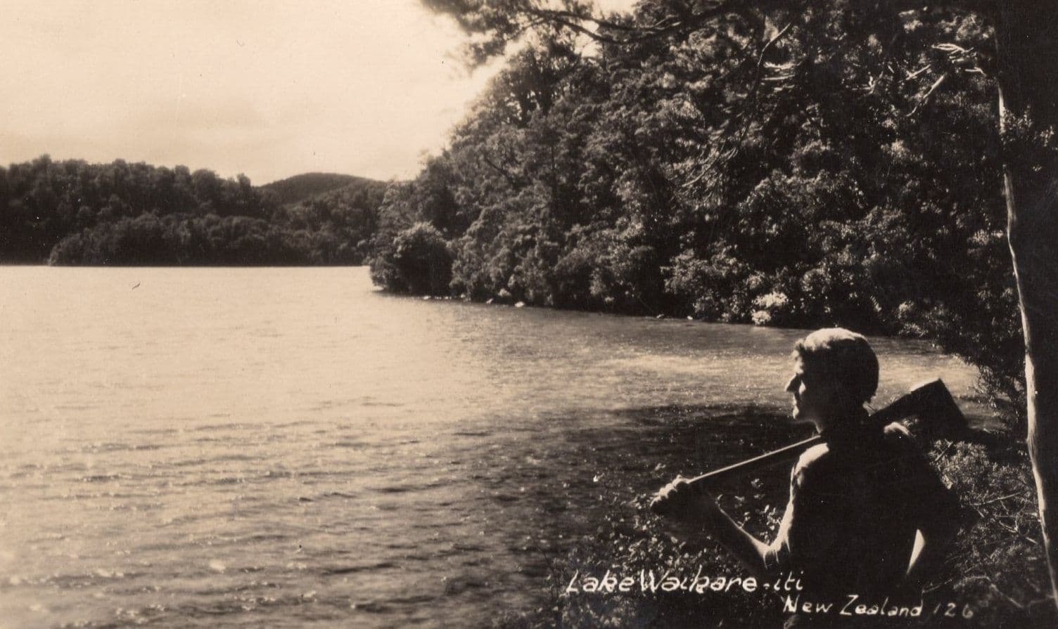 Man Perhaps With Maori Weapon Fishing Lake Waikare New Zealand Postcard Photo