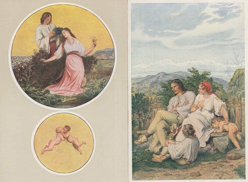 Man Placing Ladies Hat 2x Czech Romantic Josef Manes Painting Postcard s