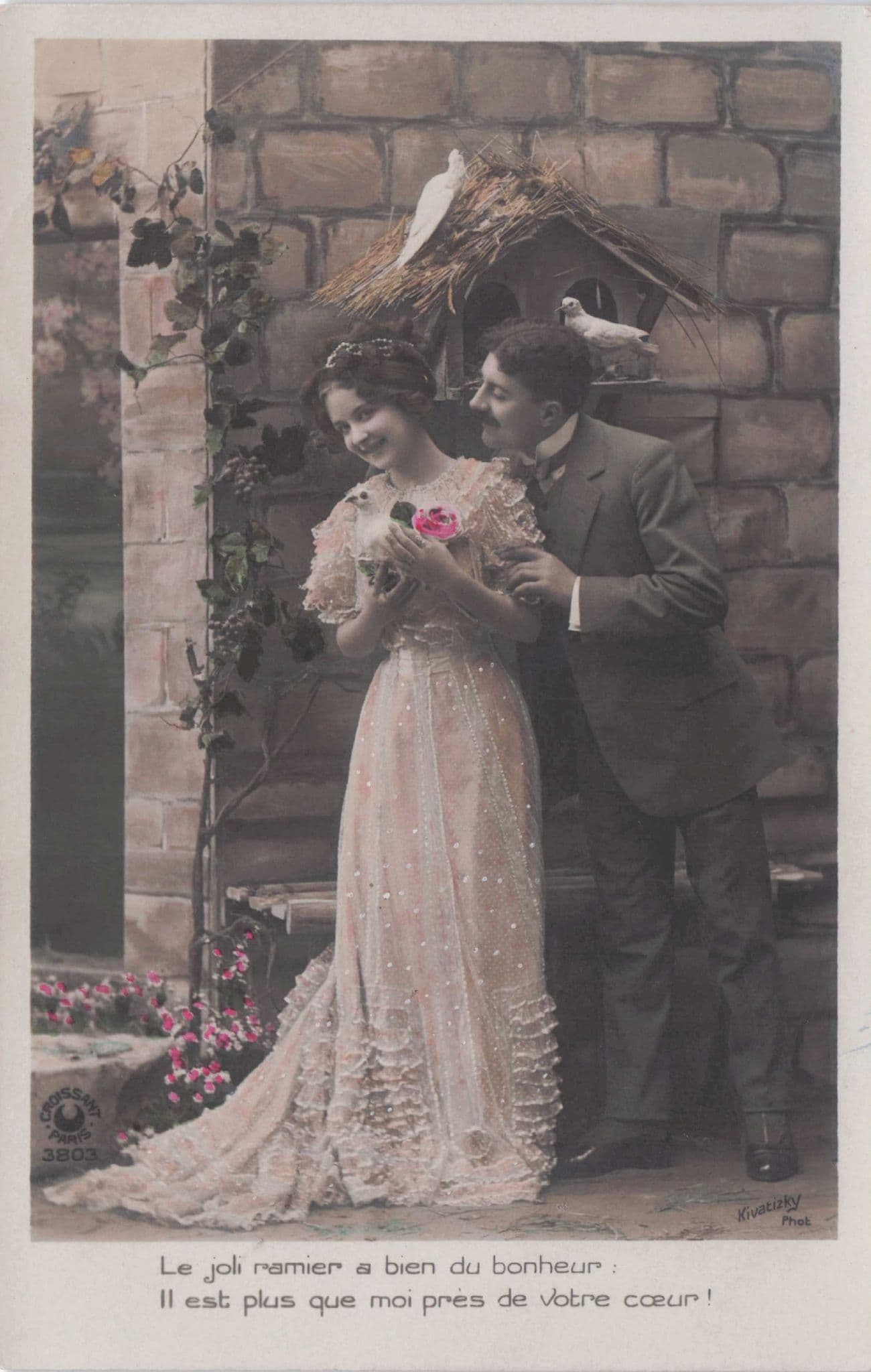 Man Seducing Lady Under Antique Bird House Nest French Love Secret Code Postcard