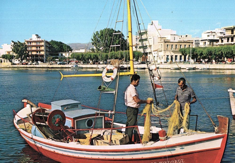 Man Smoking Anchoring A Boat Fishing Net Sitia Jetty Crete Postcard