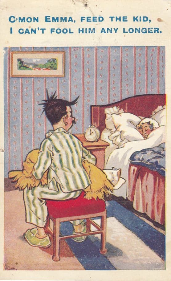 Man Tricking Child With Pet Monster Feed The Baby Comic Humour Postcard