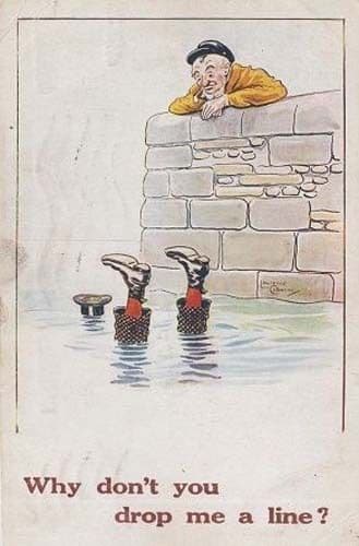 Man Upside Down Hanging In River Drop Me A Line Fishing Comic Humour Postcard